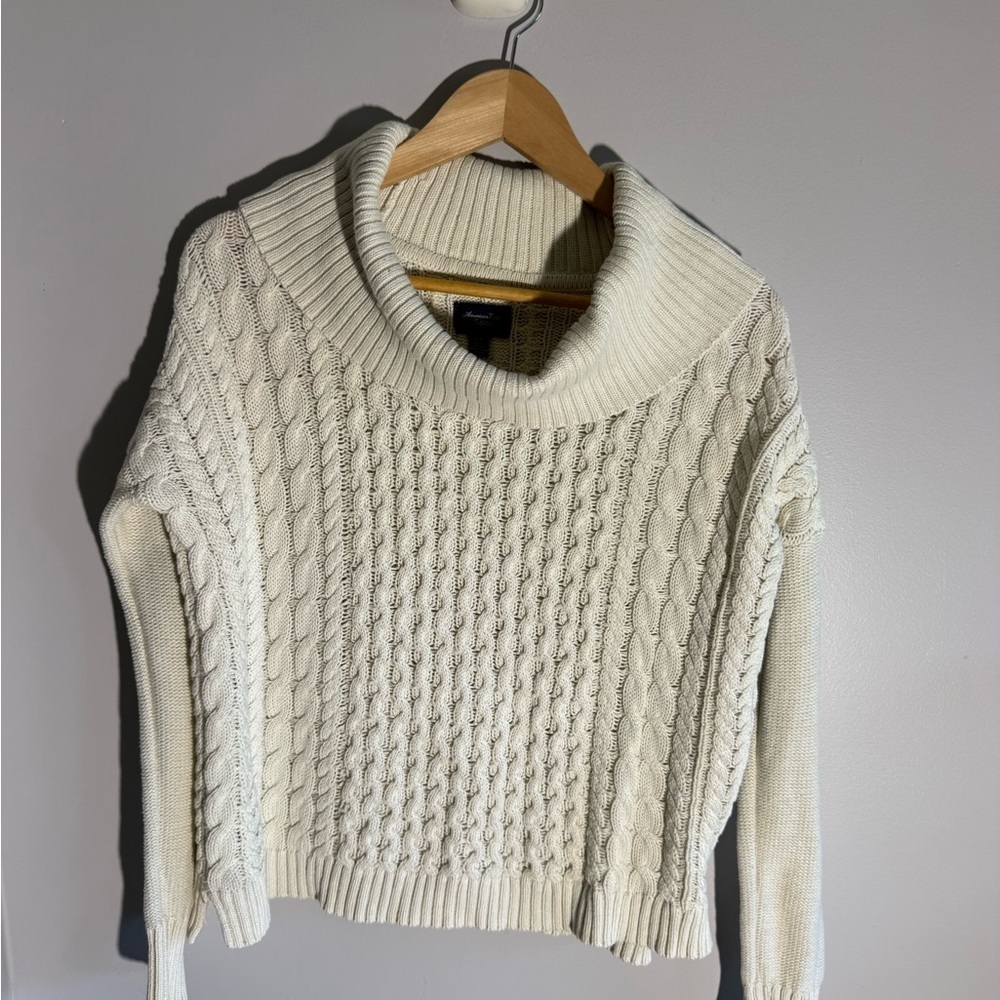 American Eagle Outfitters Cream Cable Knit Turtleneck Sweater